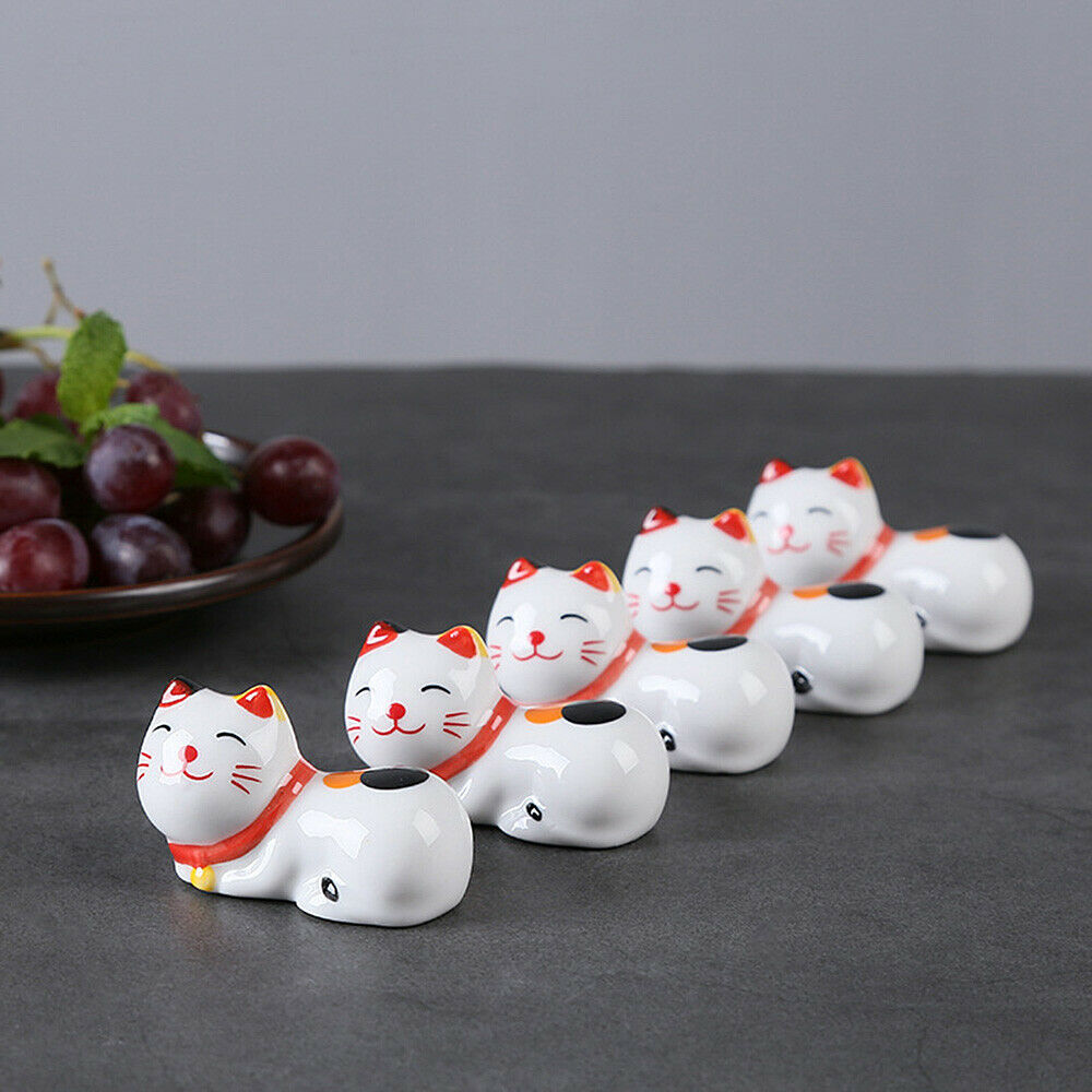 2Pcs Japanese Lucky Cat Chopsticks Holder Porcelain Stand Rest Tableware Decor
