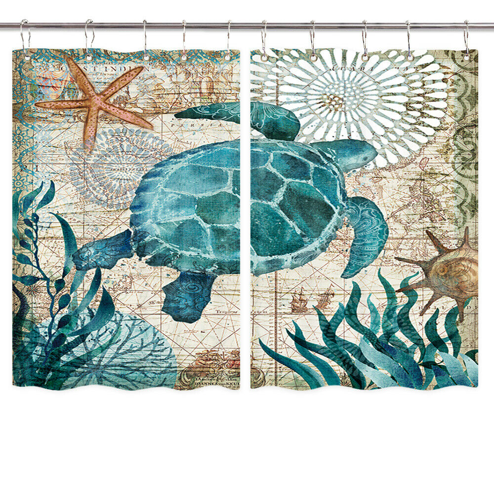 Sea Turtle Window Curtain Treatments Kitchen Curtains 2 Panels with Hooks 55X39"