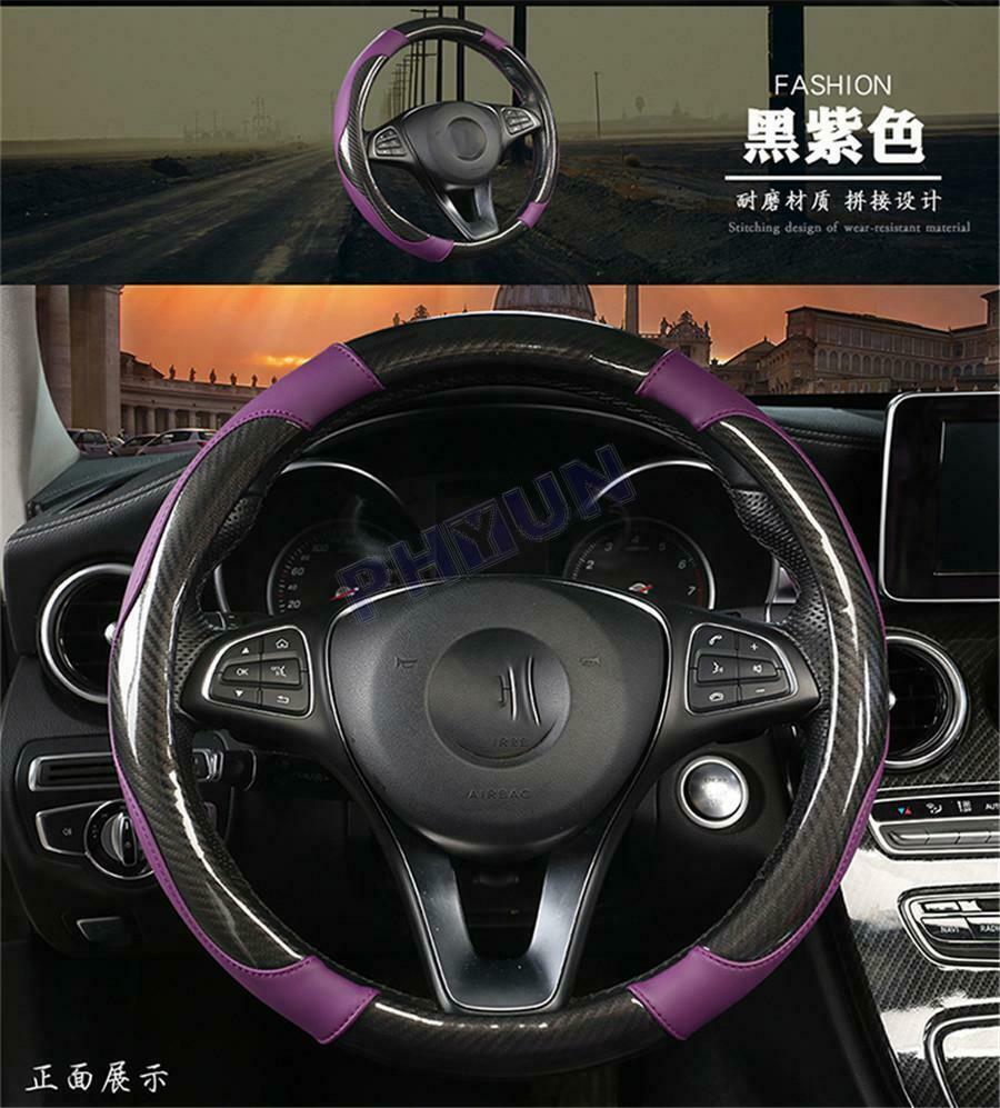 38cm Black Car Steering Wheel Cover Non-slip Leather Carbon Fiber Braid Style