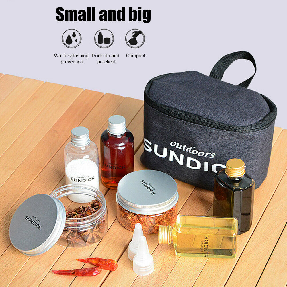 Sundeck 9pcs Spice Cruets Set Portable Salt Bottle BBQ Sauce Container Bag @