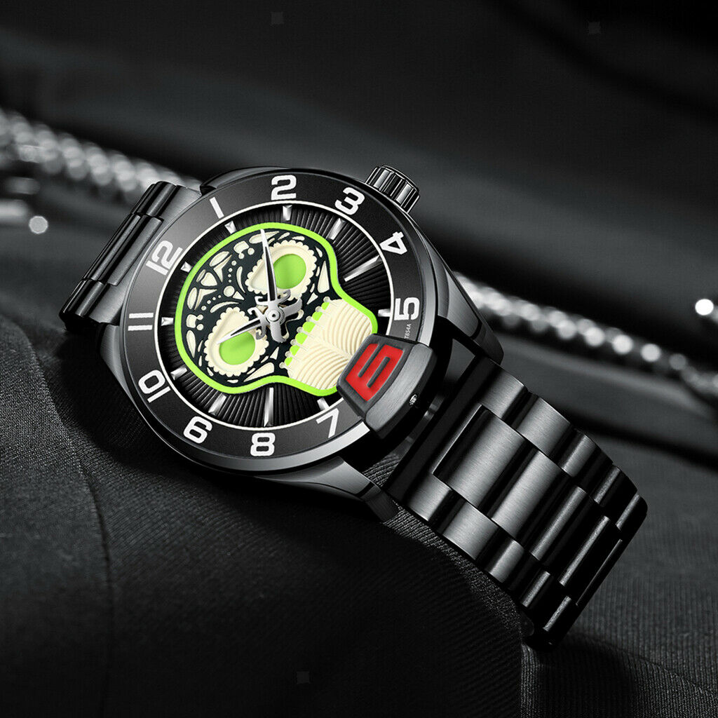 Multifunction Mens Watch Metal Band Mechanical Automatic Wirstwatch Black