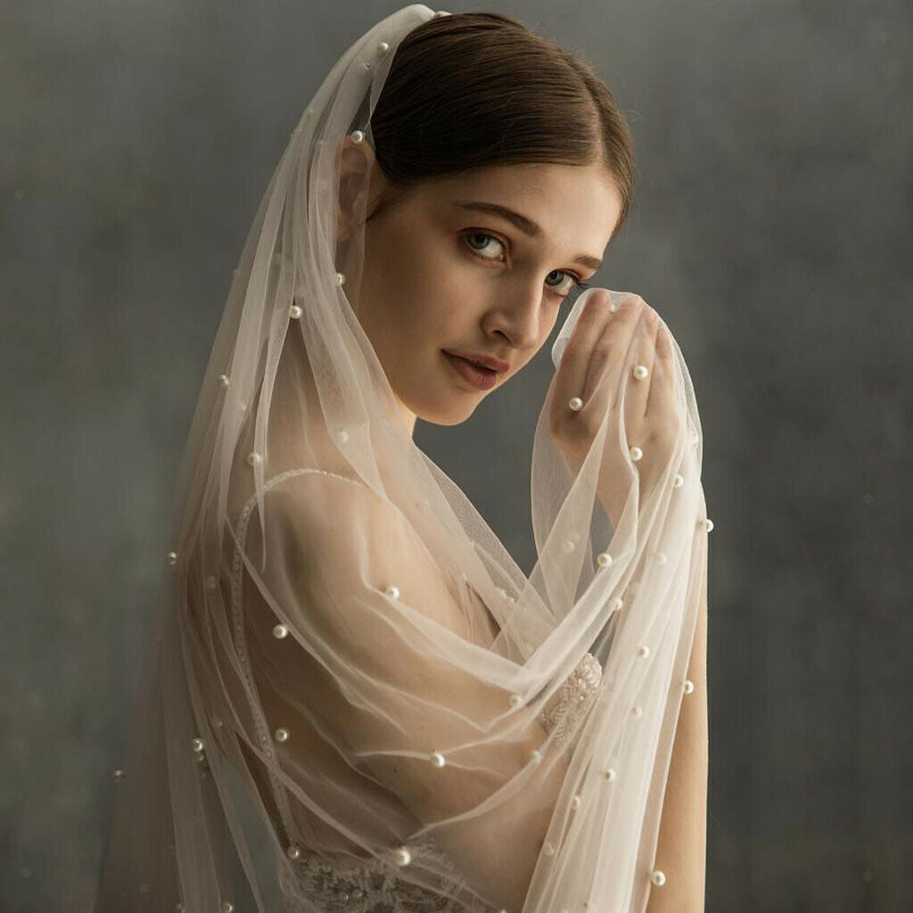White Cathedral Length Soft Lace Wedding Bridal Veil Long Trail Pearls Decor