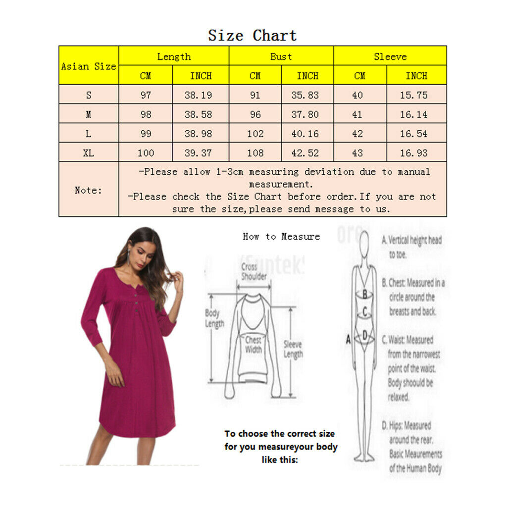 Women's 3/4 Sleeve Casual Loose Buttons Pleated Tops Blouse Dress S Purple