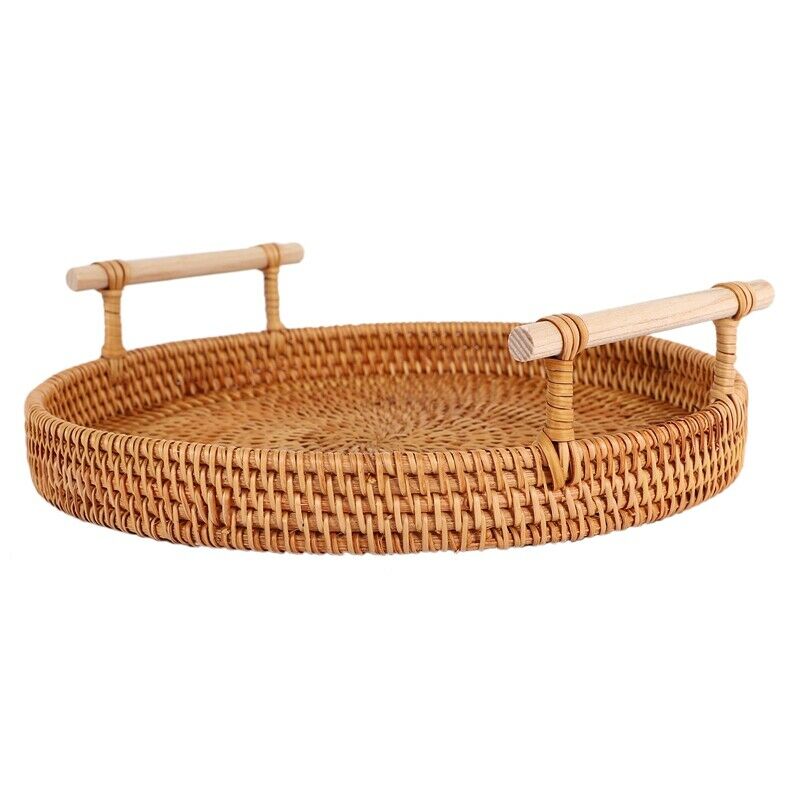 Rattan Storage Tray, Round Basket with Handle, Hand-Woven, Rattan Tray Wicker R6