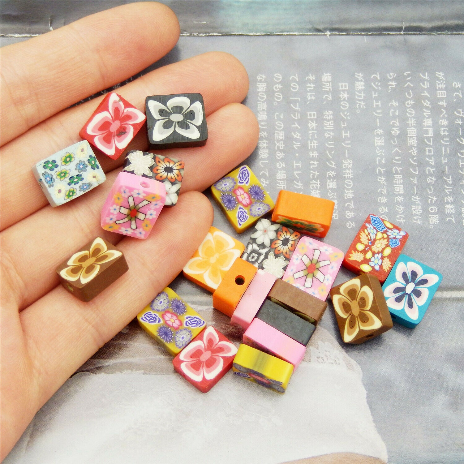 40 Assorted Floral Rectangle Polymer Clay Bead Bracelet Jewelry Crafting 12X10mm