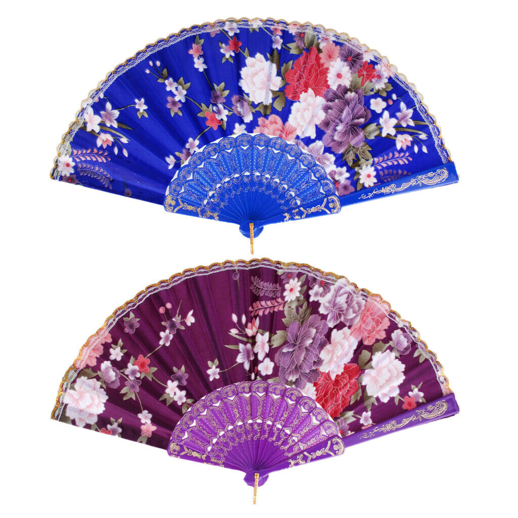 Sweet Style Foldable Folding Floral Print Style Hand Fan Royal Blue &