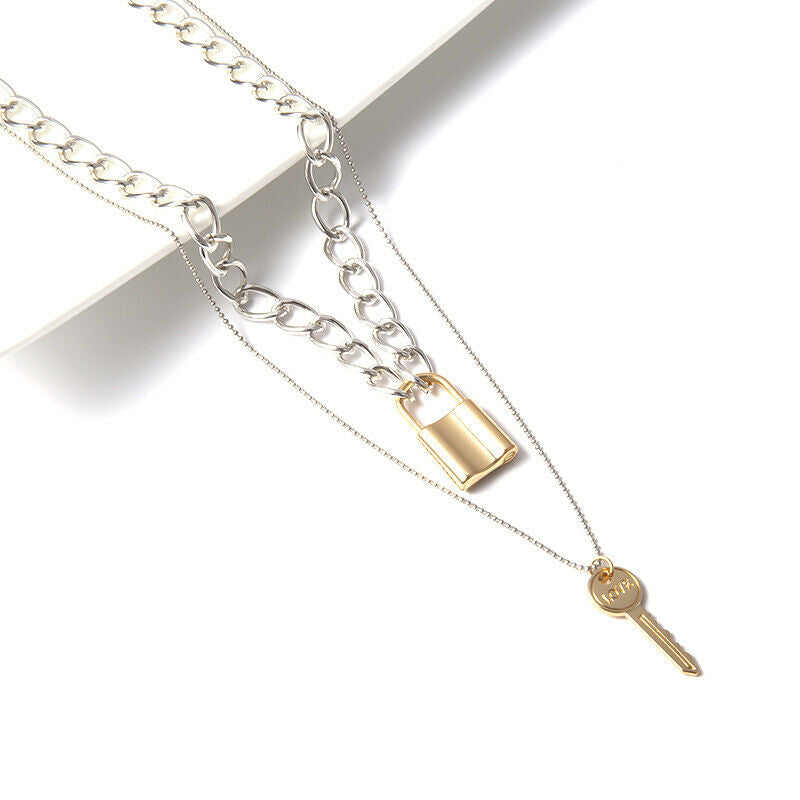 Double Layer Key Pad Lock Long Chain Pendant Choker Necklace Women Punk Jewe Re