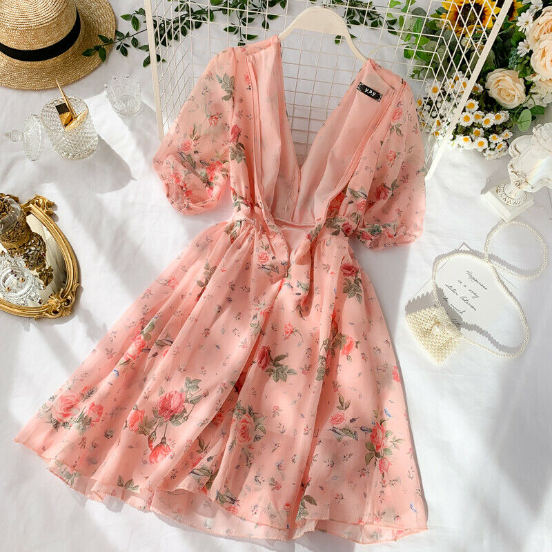 Lady Chiffon Mini Dress Floral Short Sleeve Lolita V-neck Sexy Fairy Summer New
