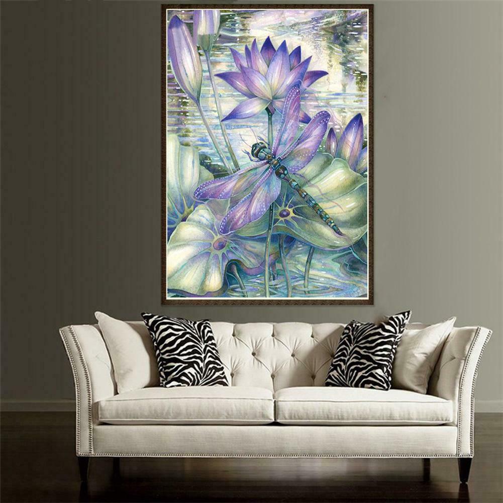 Dragonfly Lotus Flower 5D DIY Full Drill Diamond Painting Embroidery Decor @