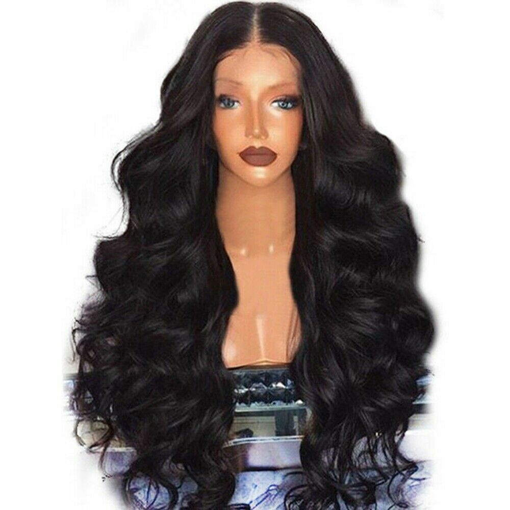 Womens Black Full Wig Brazilian Remy Hair Body Wave Silk Synthetic Hair Wigs USA