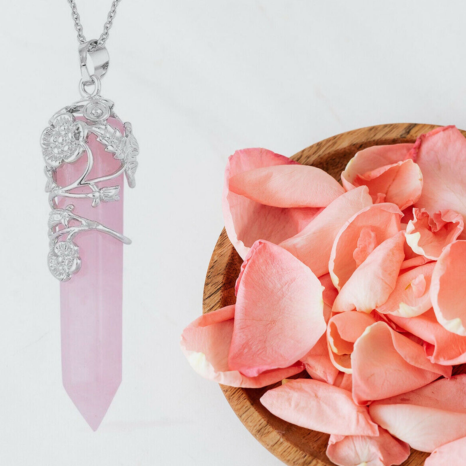 Rose Quartz Pendant Necklace Jewelry Gifts Size 24'' Ct 30 Steel