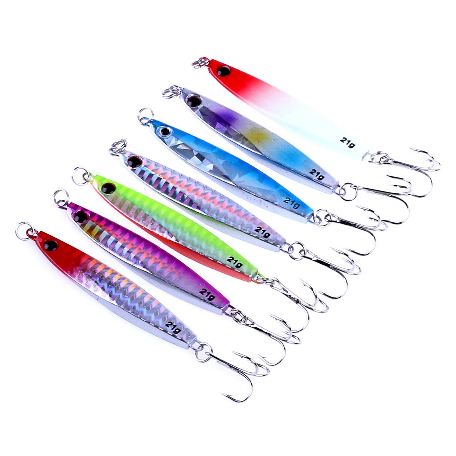 7 pcs Colored Plate Fishing Lure Hooks 6# Jig Metal Bait Fish Tackle 21g/7cm