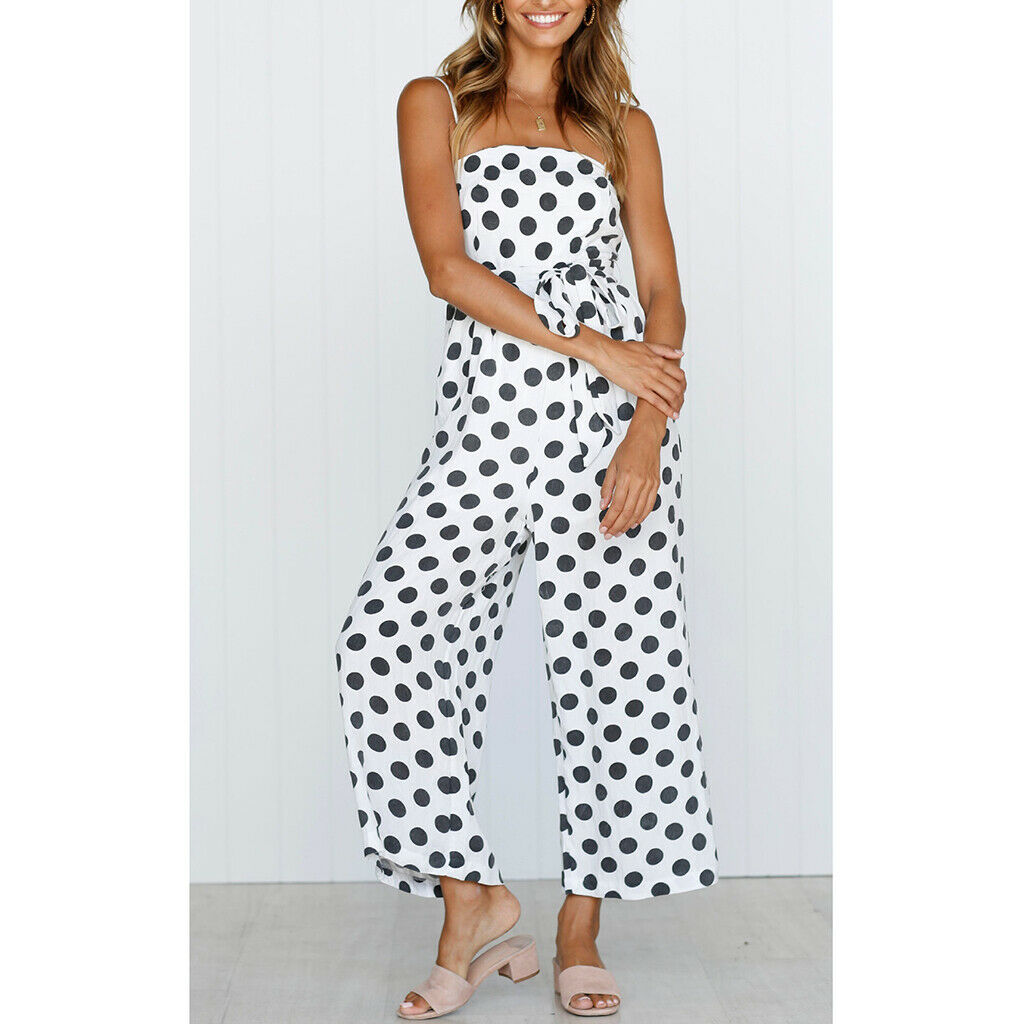 Womens Polka Dots Wide Leg Jumpsuit Romper Beach Holiday with Belt S White