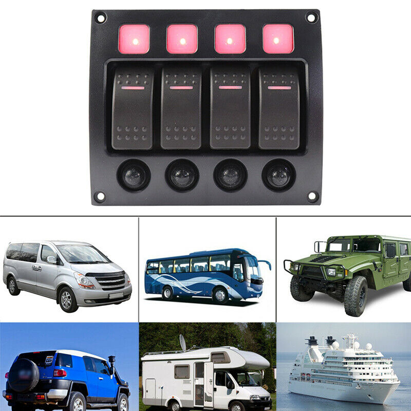 4 Gang LED Rocker Switch Panel Control w/ Circuit Breaker For RV Car Marine Boat