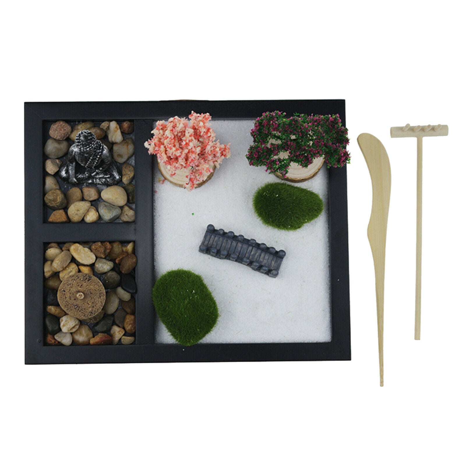 Mini Zen Garden 3 Grids Sand Tray Buddha Statues Desk Gifts Stress Relief