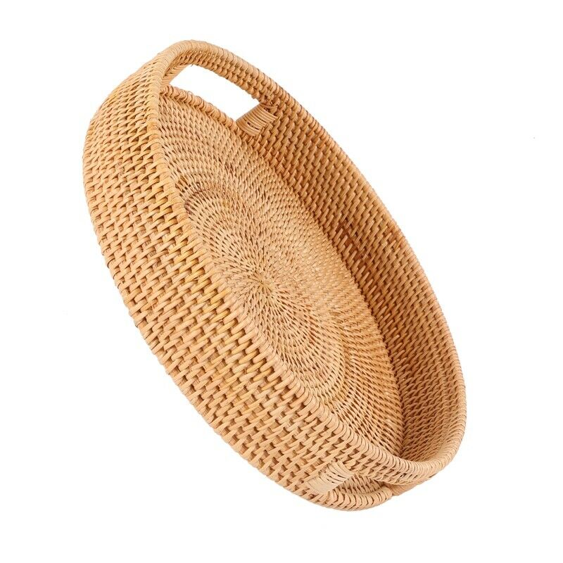 Rattan Handwoven Round High Wall Seve Tray Food Storage Platters Plate over HaE4