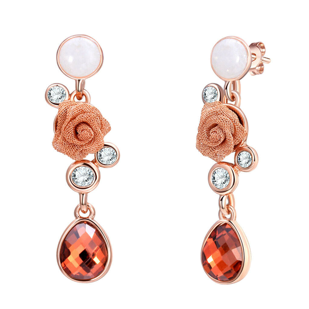Chic Floral Roses Flower Drop Earrings Czech Drill Alloy Jewelry Accessories
