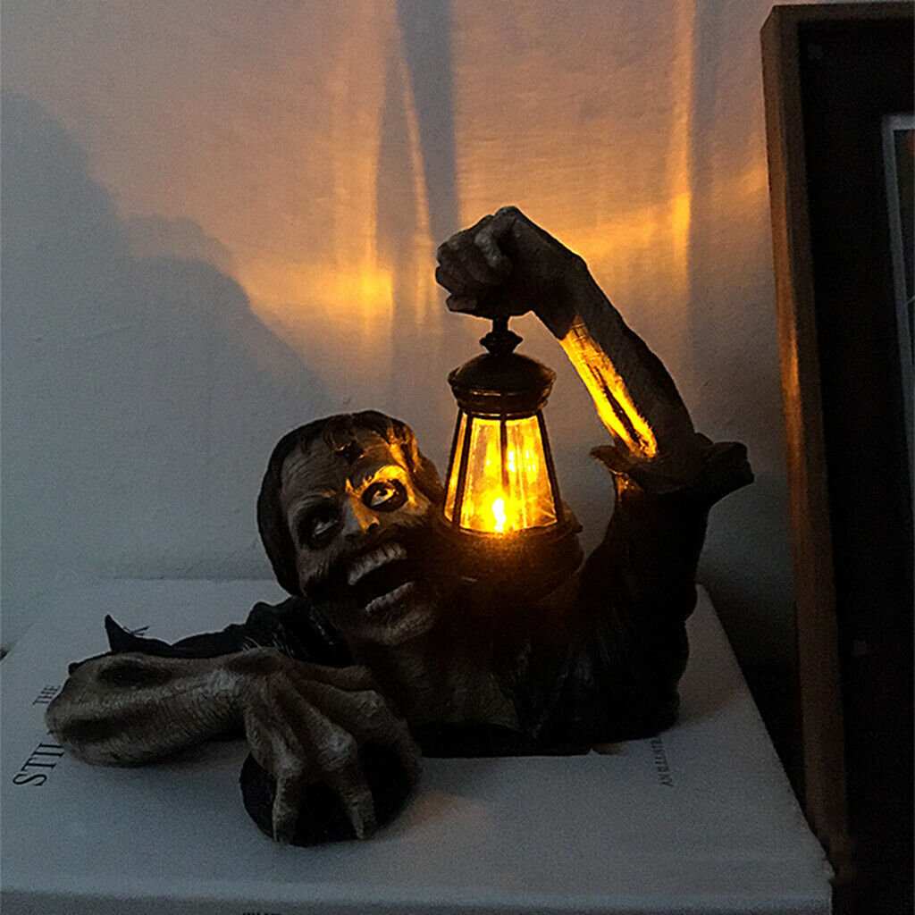 Zombie with Lantern Sculpture Halloween Decoration Spooky Crafts Ornament