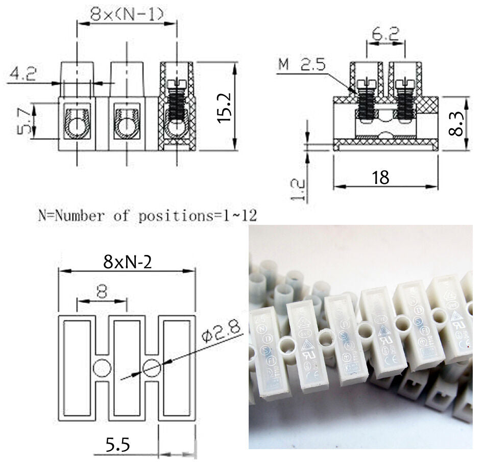 20pcs Electrical 12 Way Barrier Terminal Strip Block Pitch 8mm 5A 450V 22-12AWG