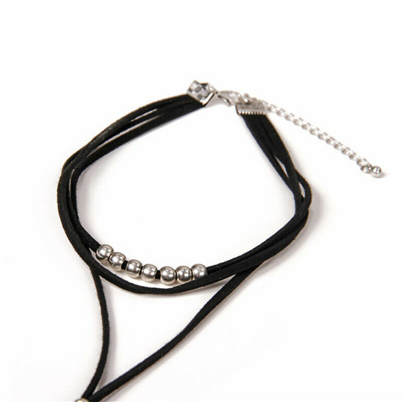 Boho Gothic Velvet Double Layers Beads Leaf Pendant Choker Long Necklace