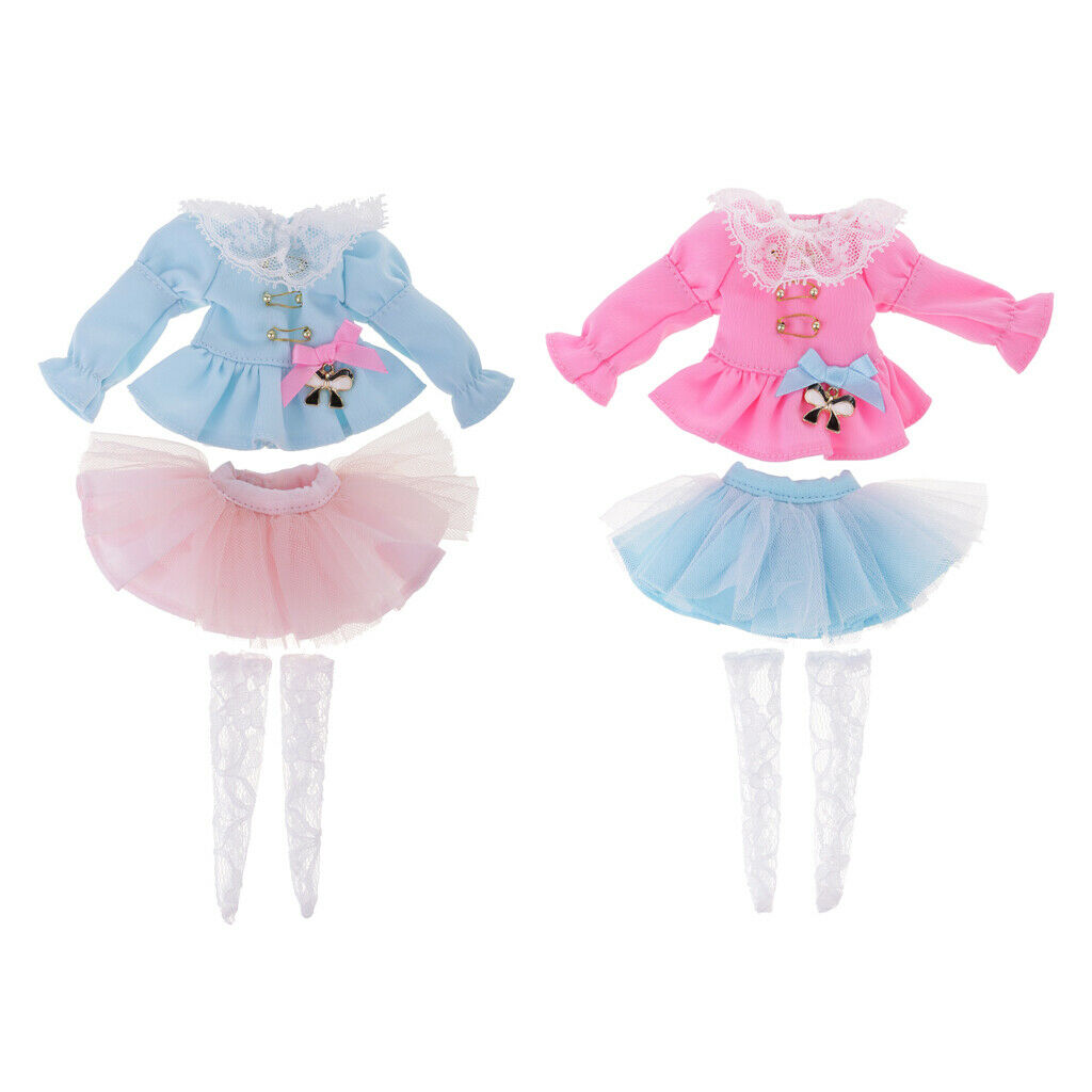 Blue Puff Sleeve Top Clothes Light Pink Skirt Stockings Socks Set for Blythe