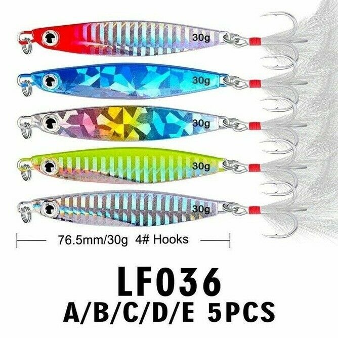 5Pcs 30g Jigs Fishing Lures Metal Hard Baits Lead Alloy FishLure Feather Hooks s