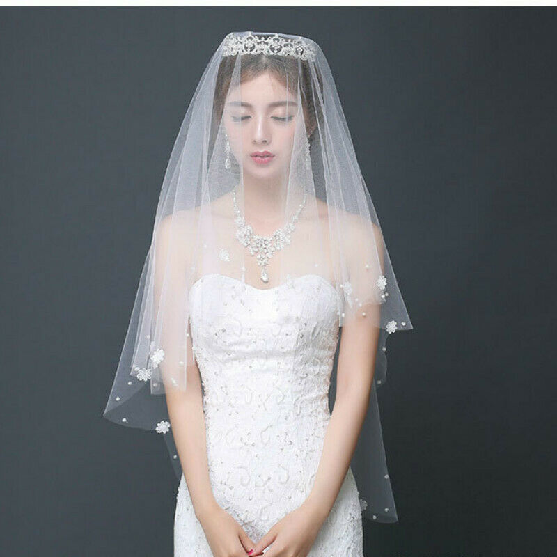 Elbow Length Wedding Bridal Veils Floral Lace Edge Beaded White Accessories New