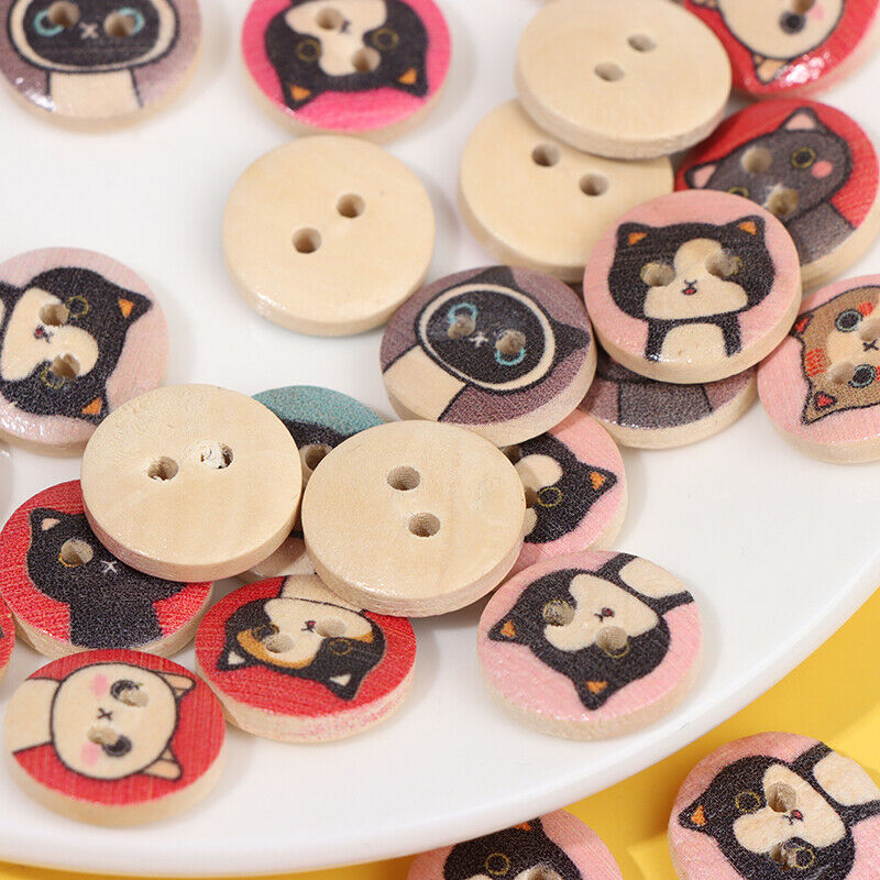 50Pc 15mm Round Wooden Buttons 2 Holes Lovely Cat Buttons For Clothing De.l8