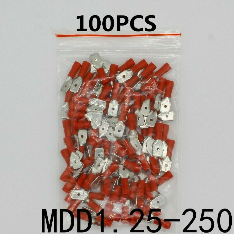 Red Male Insulated Spade Wire Connector Crimp Terminal MDD1.25-250 100x AWG22-16