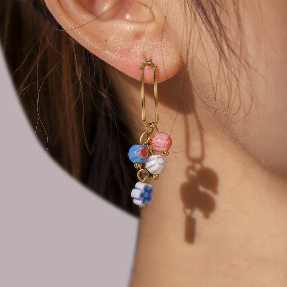 Bohemian Round Bead Stainless Steel Earring Big Bead Flower Drop Dangle For Girl