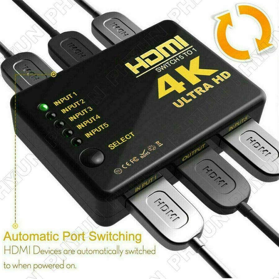 5 Port HDMI HDCP 4K Auto Switch Seletor Splitter Hub IR Remote HDTV 5 In 1 Out