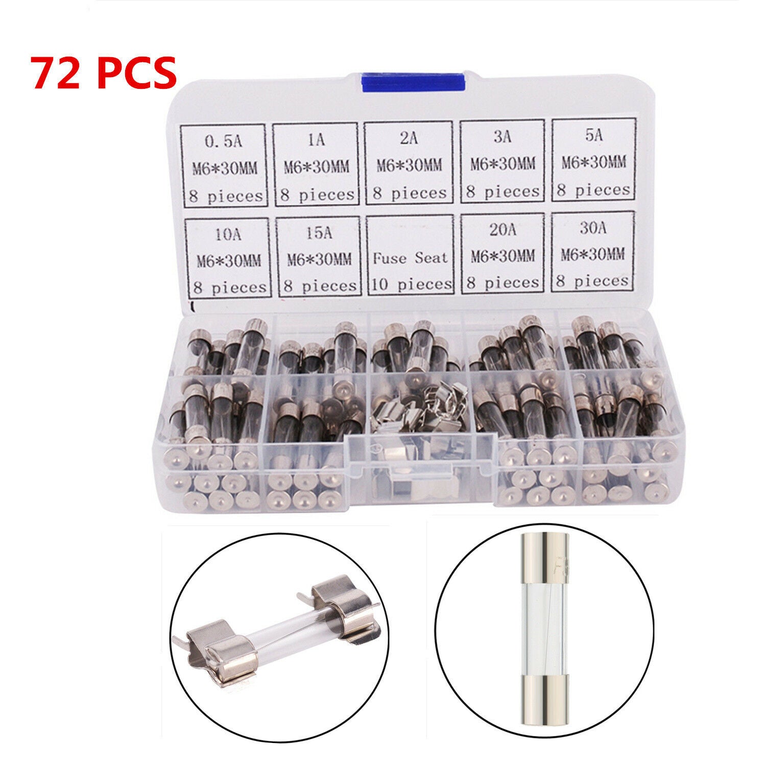 72pc Glass Tube Fuse Car Truck Electrical Assorted Kit+10pc Fuse Holder 0.5A-30A
