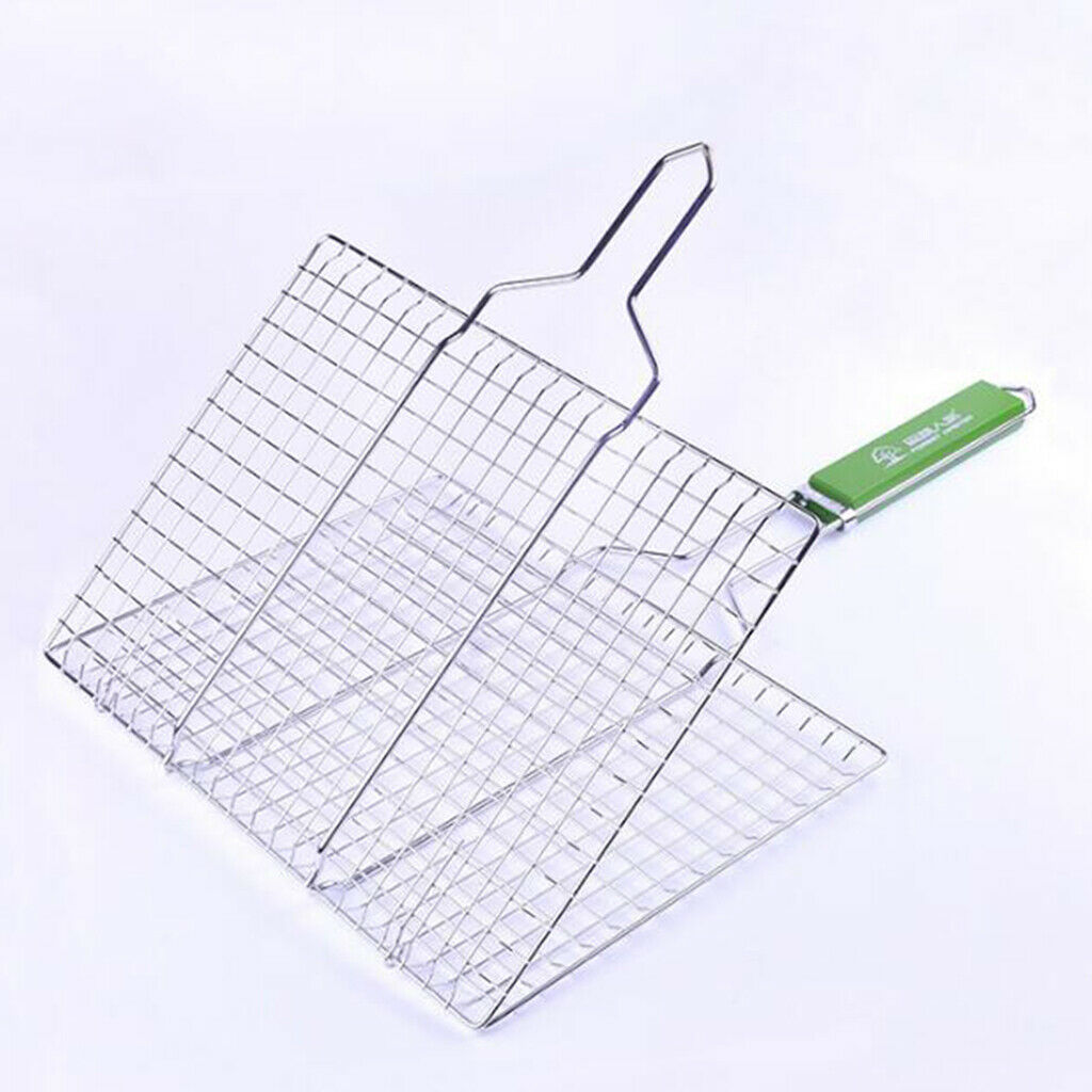 Barbecue Grilling Basket Grill BBQ Net for Meat Veg Steak w/Wooden Handle L