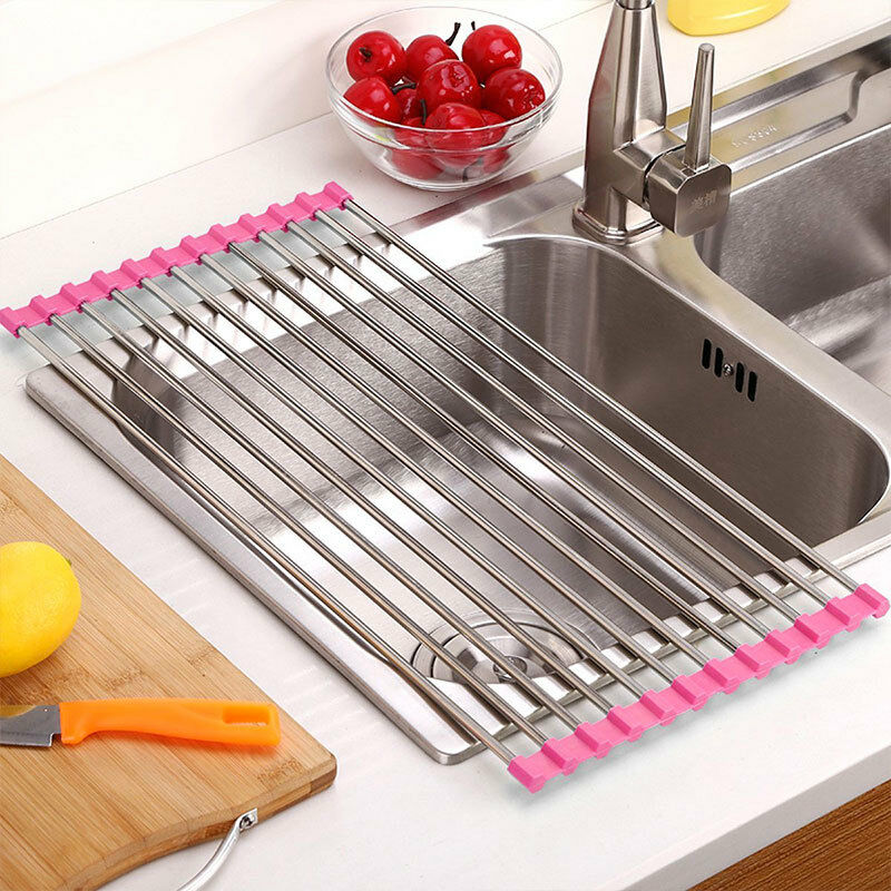 Dish Drainer Pliable Slip Sink Basin Strainer Rest Flat Fuchsia - New