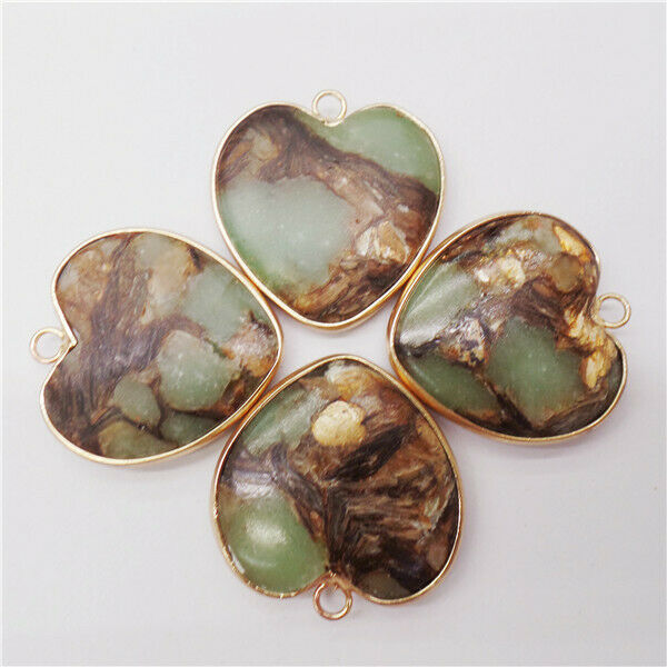 4Pcs Golden Wrapped Green Sea Sediment Jasper & Pyrite Love Heart Pendant HH8983