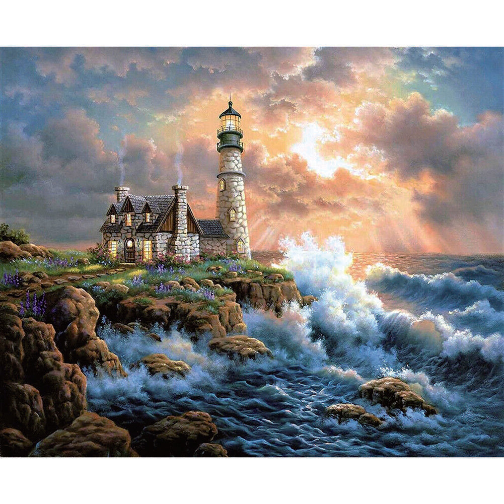 5D DIY Full Drill Diamond Painting Beach Lighthouse Rhinestone Pictures Kit @