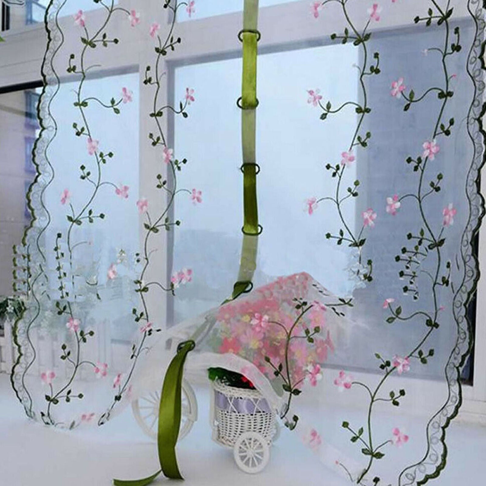 Fresh Hand Embroidered Floral Shade Sheer Voile Door Window Cafe Kitchen Curtain