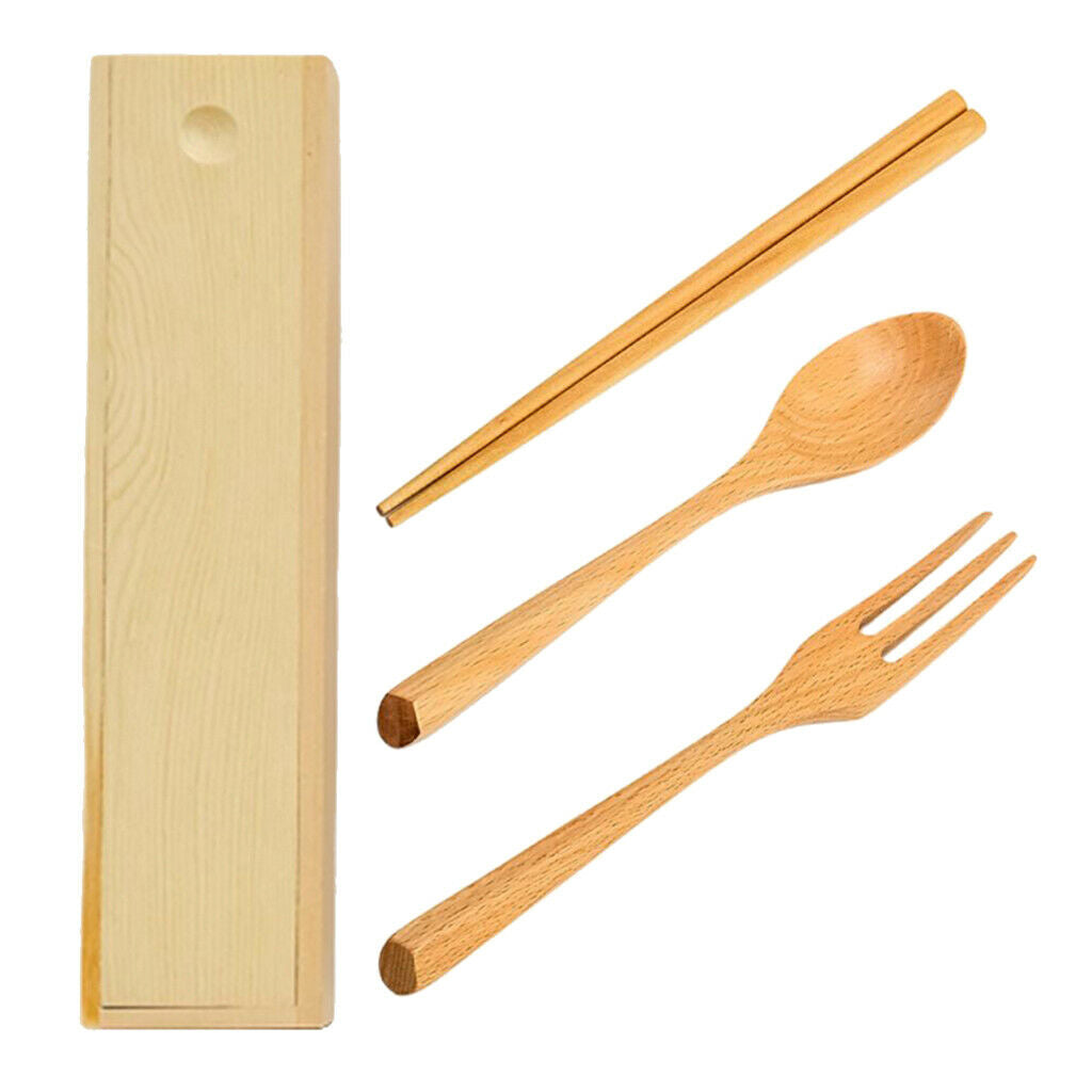 3PCS Wooden Chopsticks Spoon Fork Set with Box Japanese Style Eco-Friendly