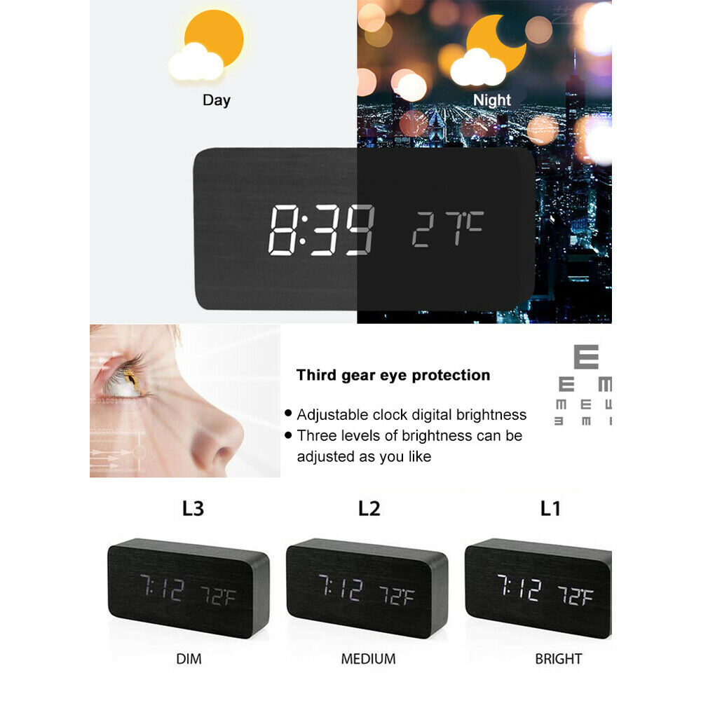 Digital LED Desk Table Alarm Clock Wooden Temperature Alarm Modern Home Decor