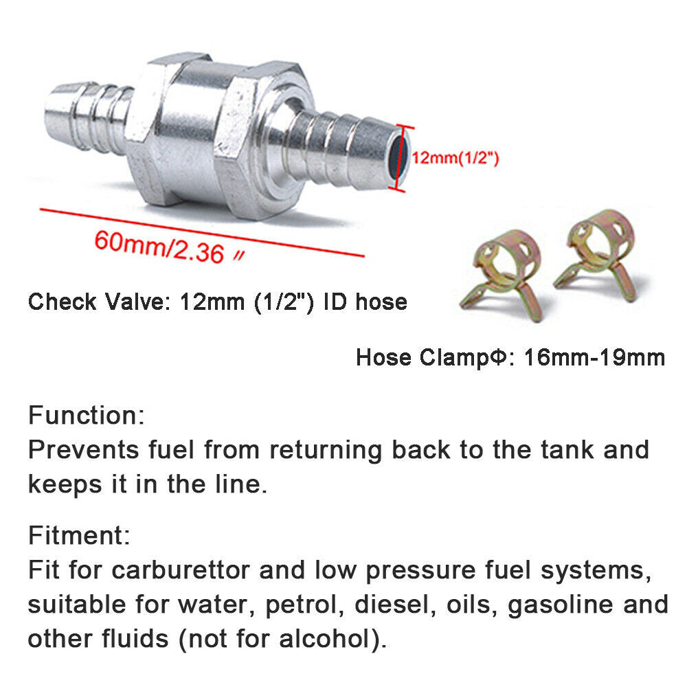 Check Valve 1/2" 12MM Non-Return One Way & Hose Clamps For Cars Caravans RVs