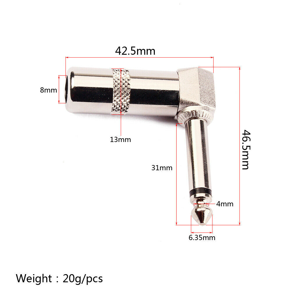 Durable Metal 6.35mm (1/4'') Stereo Plug Right Angle Musical Instrument Cable