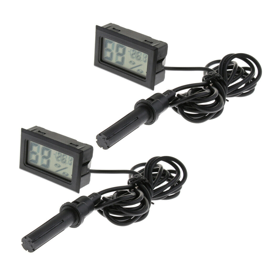 2pcs LCD Digital Reptile Thermometer Hygrometer with Probe Black