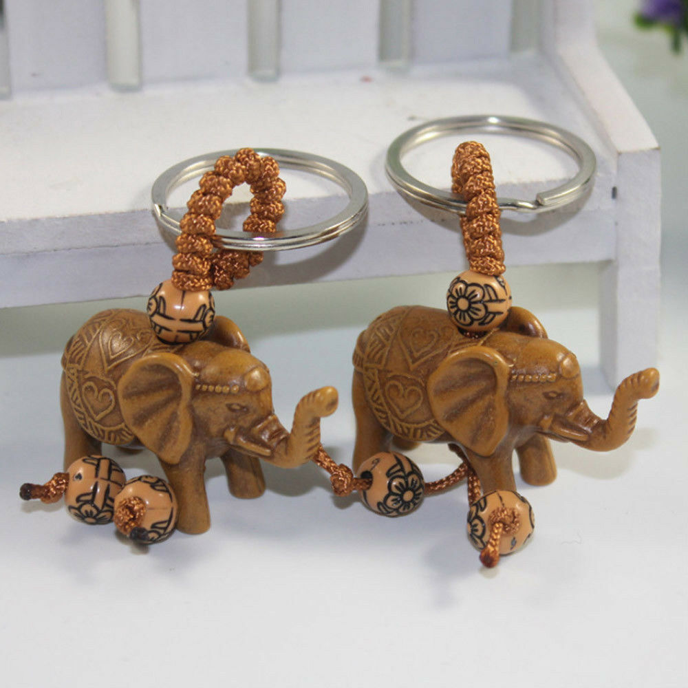 Handmade UNIQUE Lucky Elephant Carving Wooden Pendant Keychain Key Ring Gift