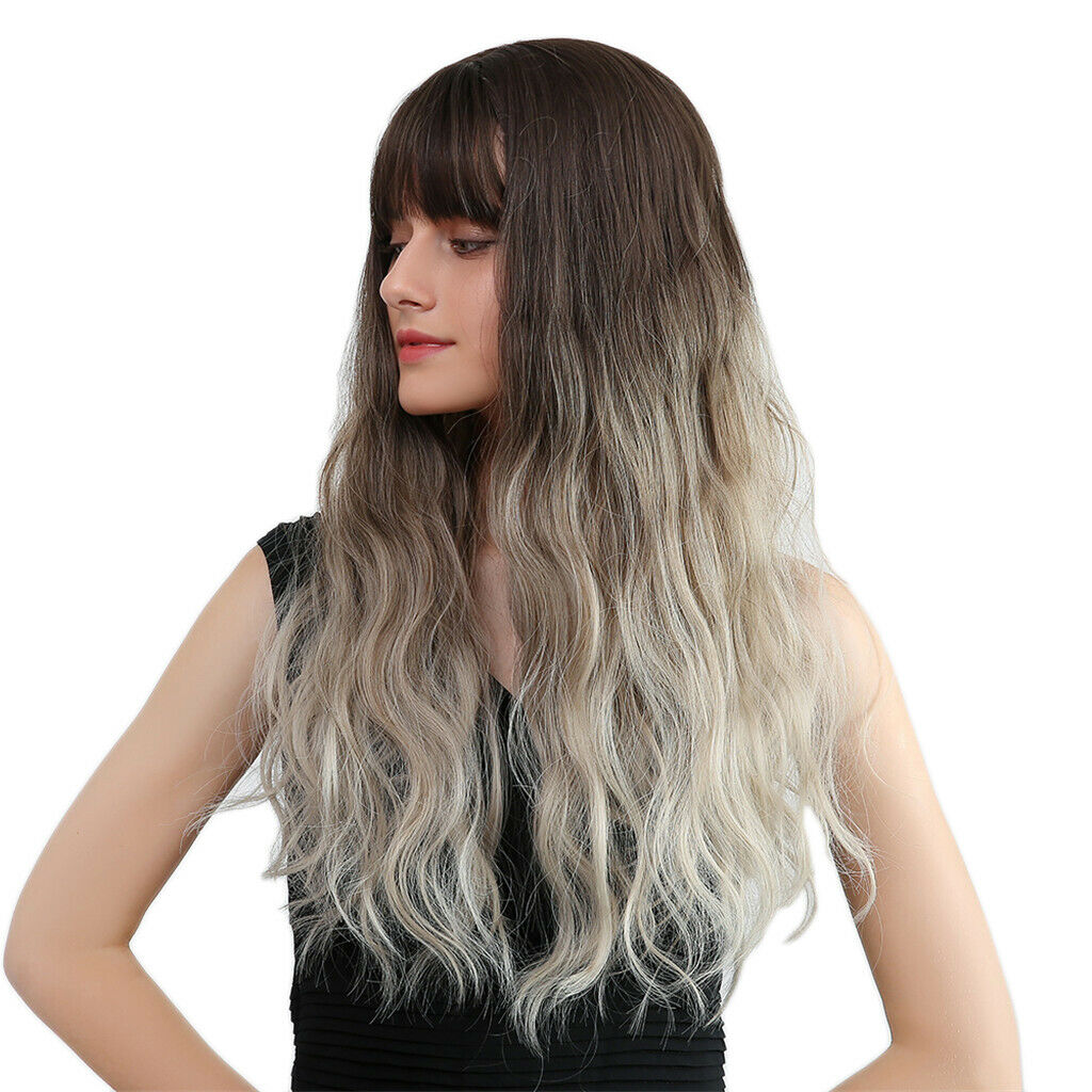 Natural Long Curly Wig Brown Ombre Beige Wig with Neat Bangs Synthetic