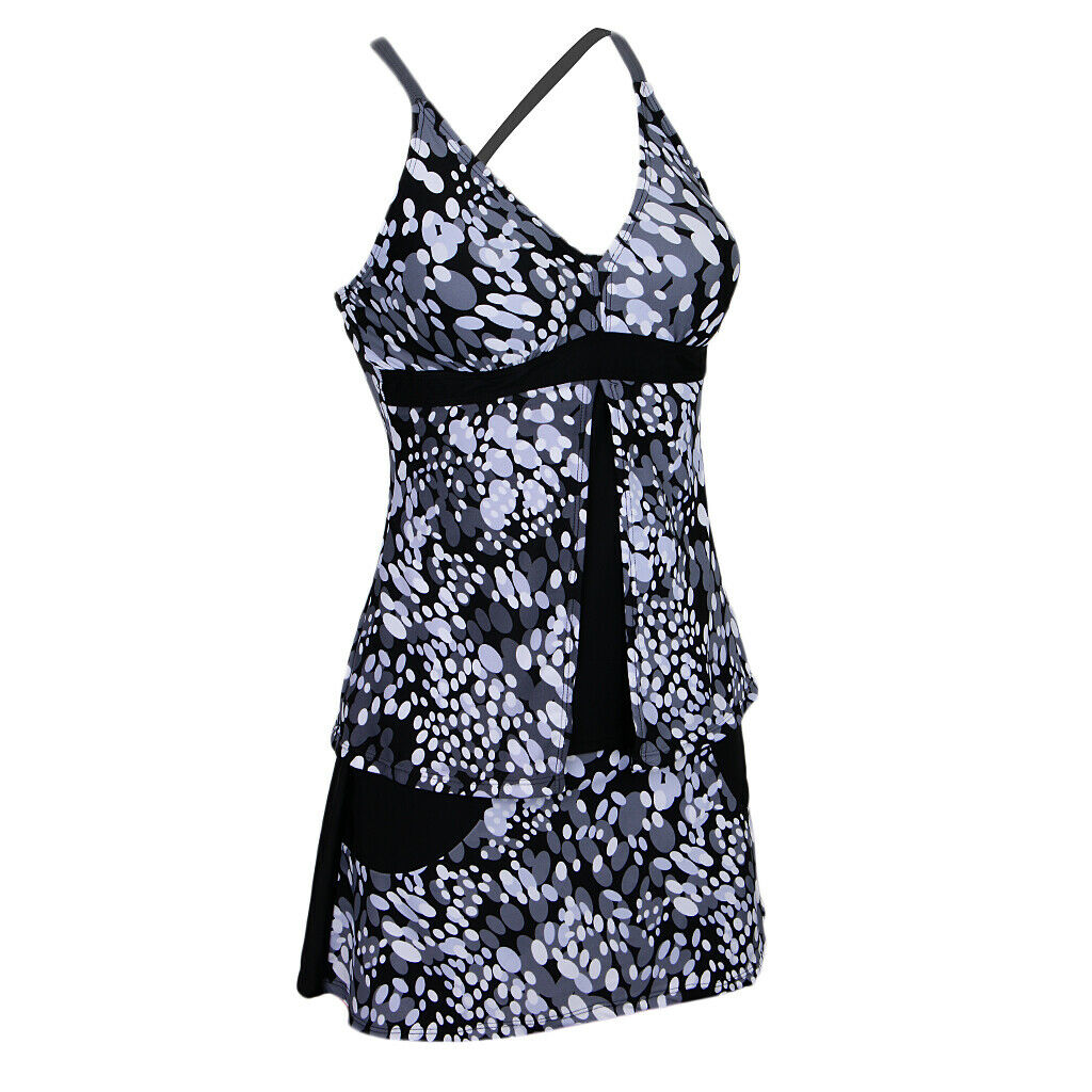 Women Oval Print Two Piece Tankini Top Skirt Bottom Swimsuit Beachwear 3XL
