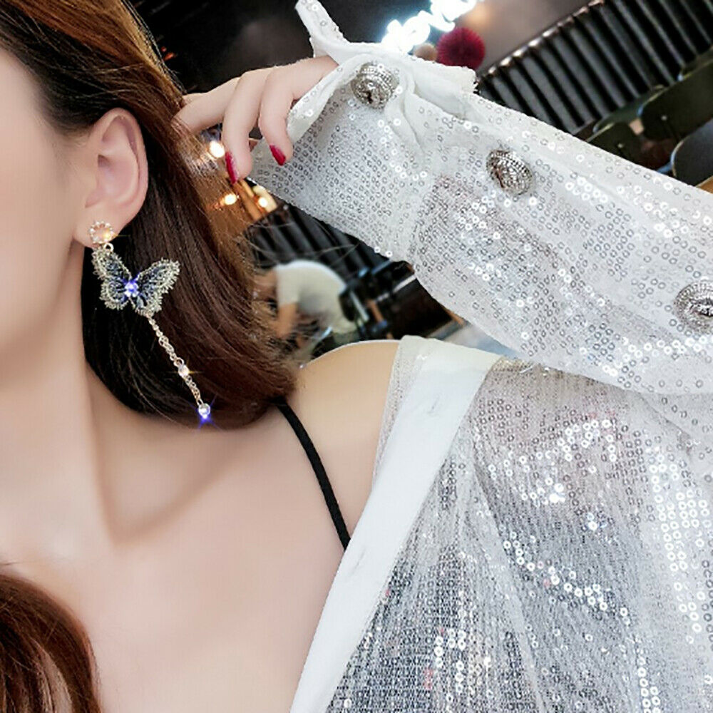 Fashion Embroidery Butterfly Long Tassel Crystal Drop Dangle Earrings Jewelry