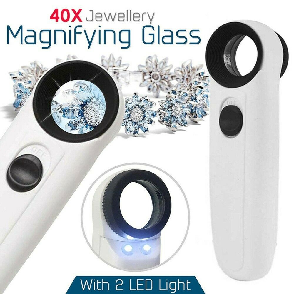 40X Handheld Magnifying Glass with 2 LED Light Magnifier Jewelry Loupe Lens