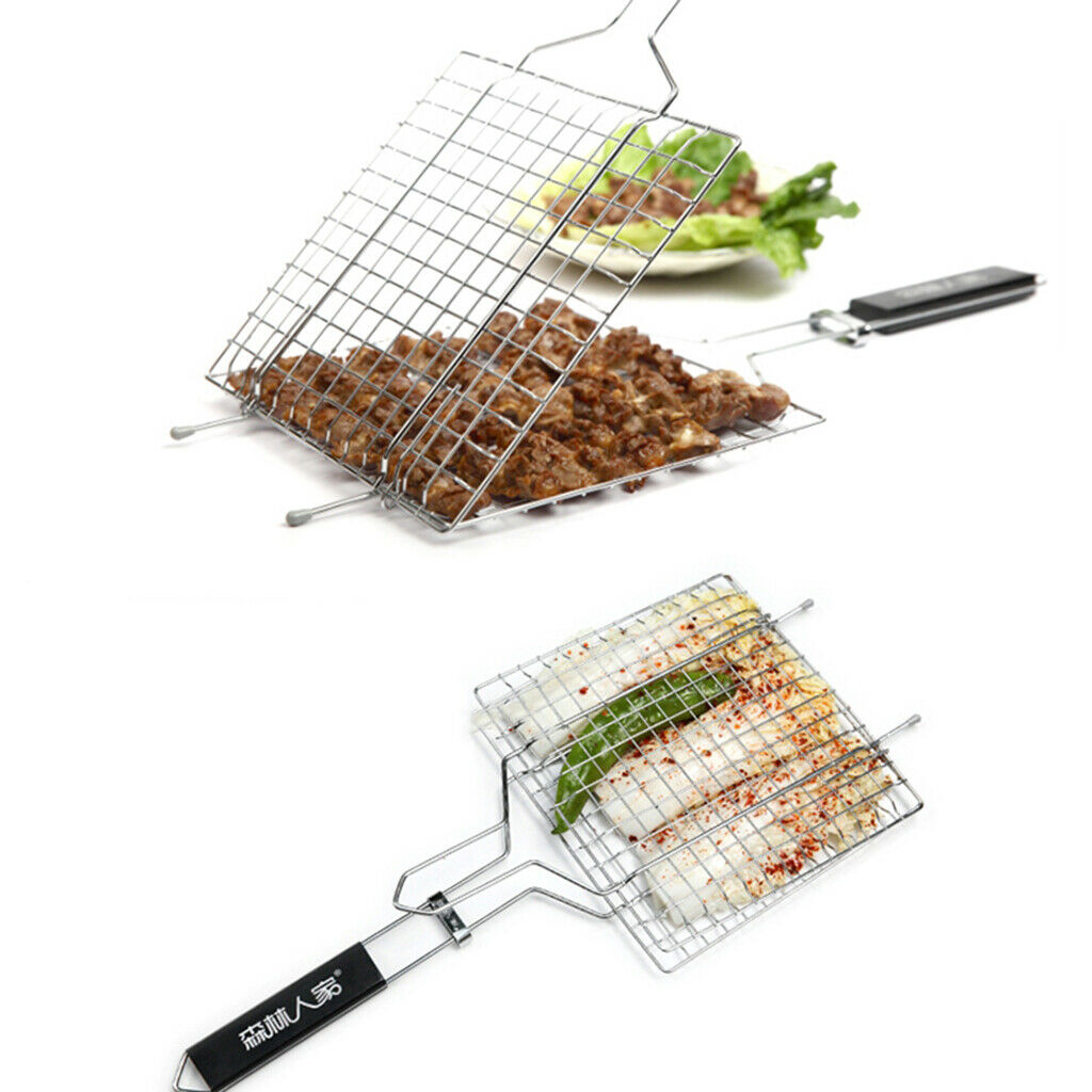 2pcs Outdoor BBQ Meat Grill Basket Clip Barbeque Stainless Steel Wire Tray Net