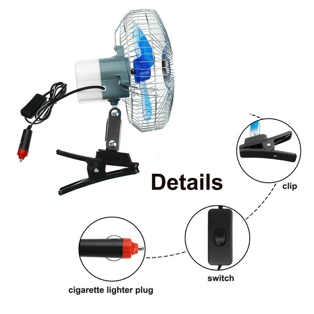 12V Auto Car Portable Dashboard Vehicle Truck Fan Clip-On Oscillating Cooling