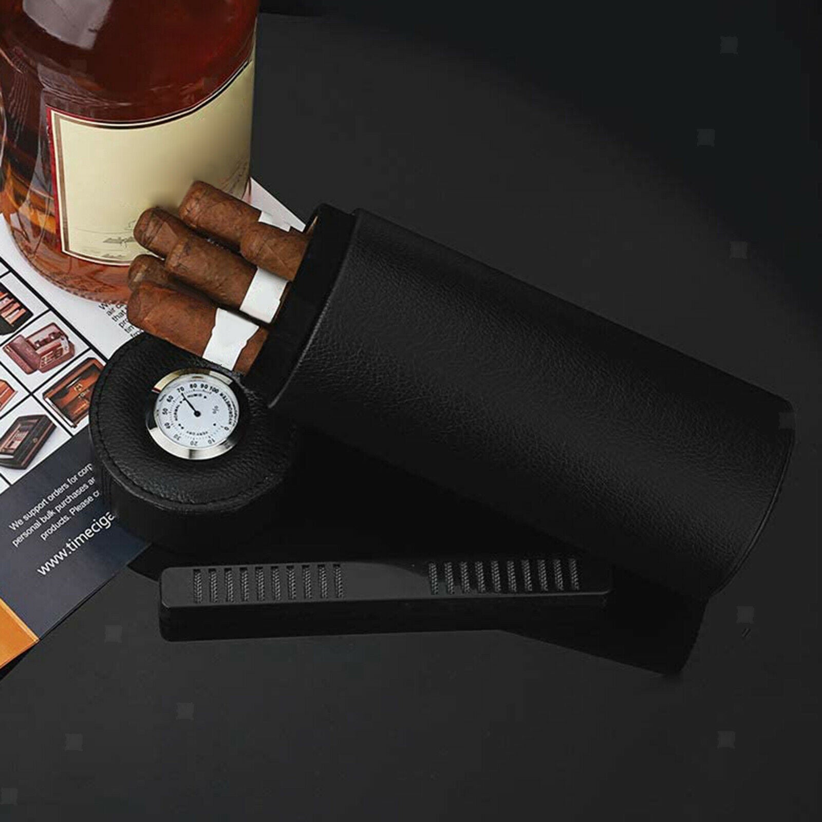 Travel PU Leather Cigar Humidor Hygrometer Storage Carrying Holder Case